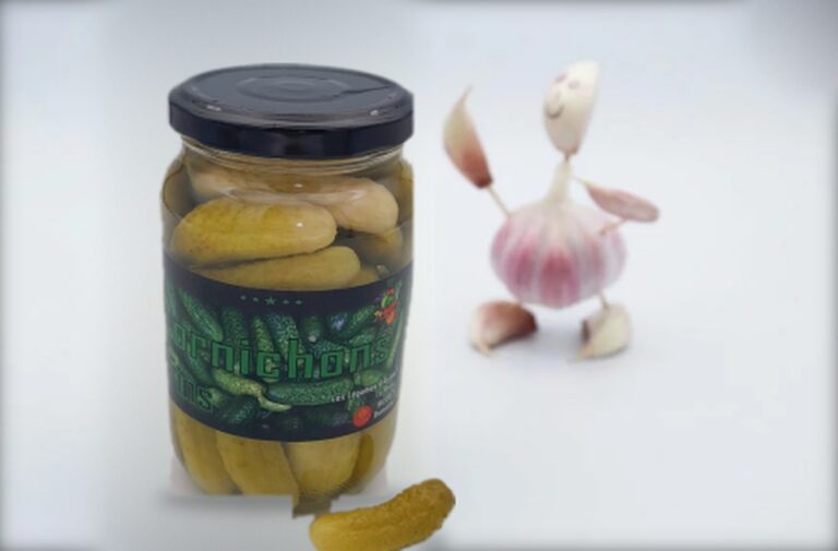Verrine de cornichons fins au vinaigre blanc des Légumes d'Autan, à côté d'un bonhomme en ail rose de Lautrec